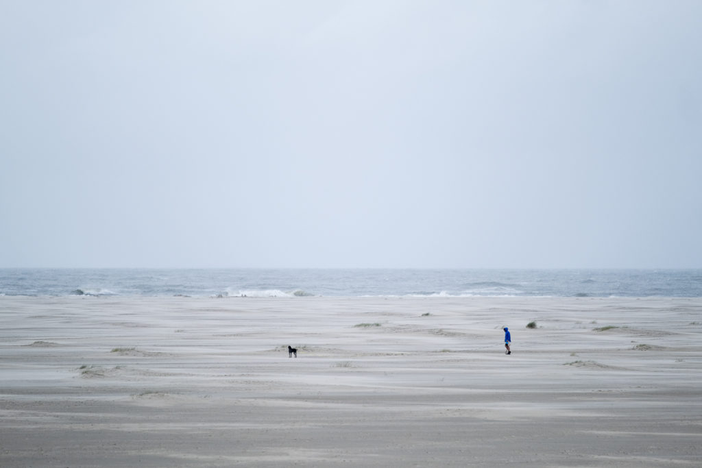 Strandspaziergang mit Hund bei windigem Wetter auf der Nordseeinsel Borkum