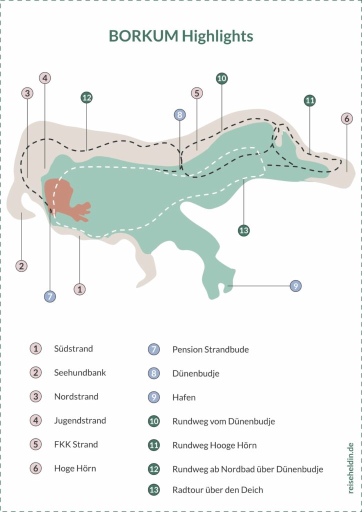 Landkarte von Borkum mit Highlights für Alleinreisende